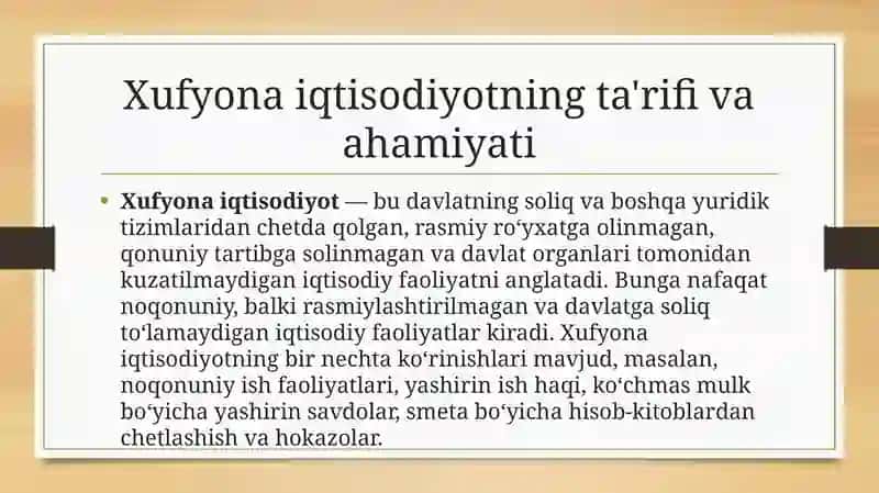 O'zbekistonda xufyona iqtisodiyotni kamaytirish yo'llari va unga qarshi chora- tadbirning ahamiyati 2