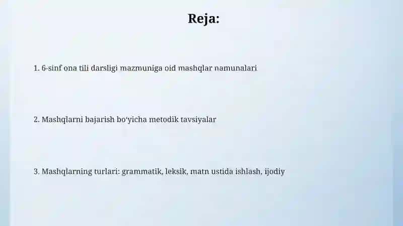 6-sinf ona tili darsligi mazmuniga oid mashq namunalari(5ta) va metodik tafsiya 2