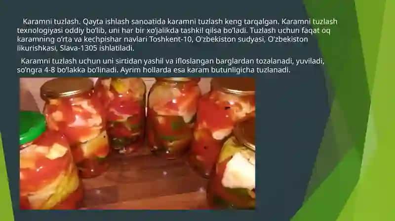MARUZA: MEVAVA SABZAVOTLARNI KONSERVALASH TEXNOLOGIYASI 2