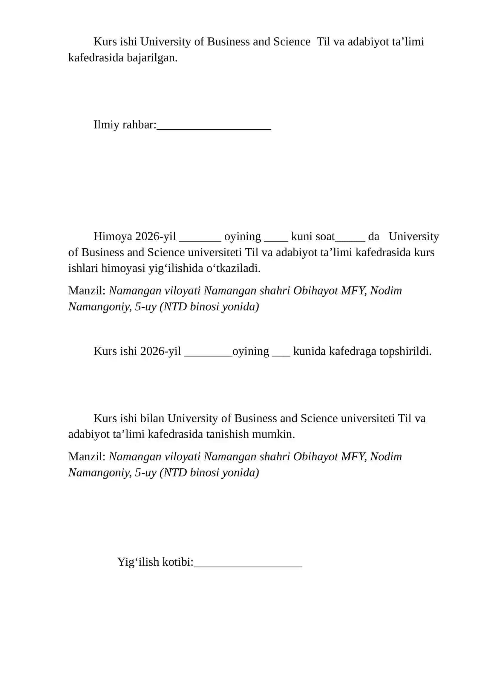 Kurs ishi University of Business and Science Til va adabiyot ta’limi kafedrasida 2