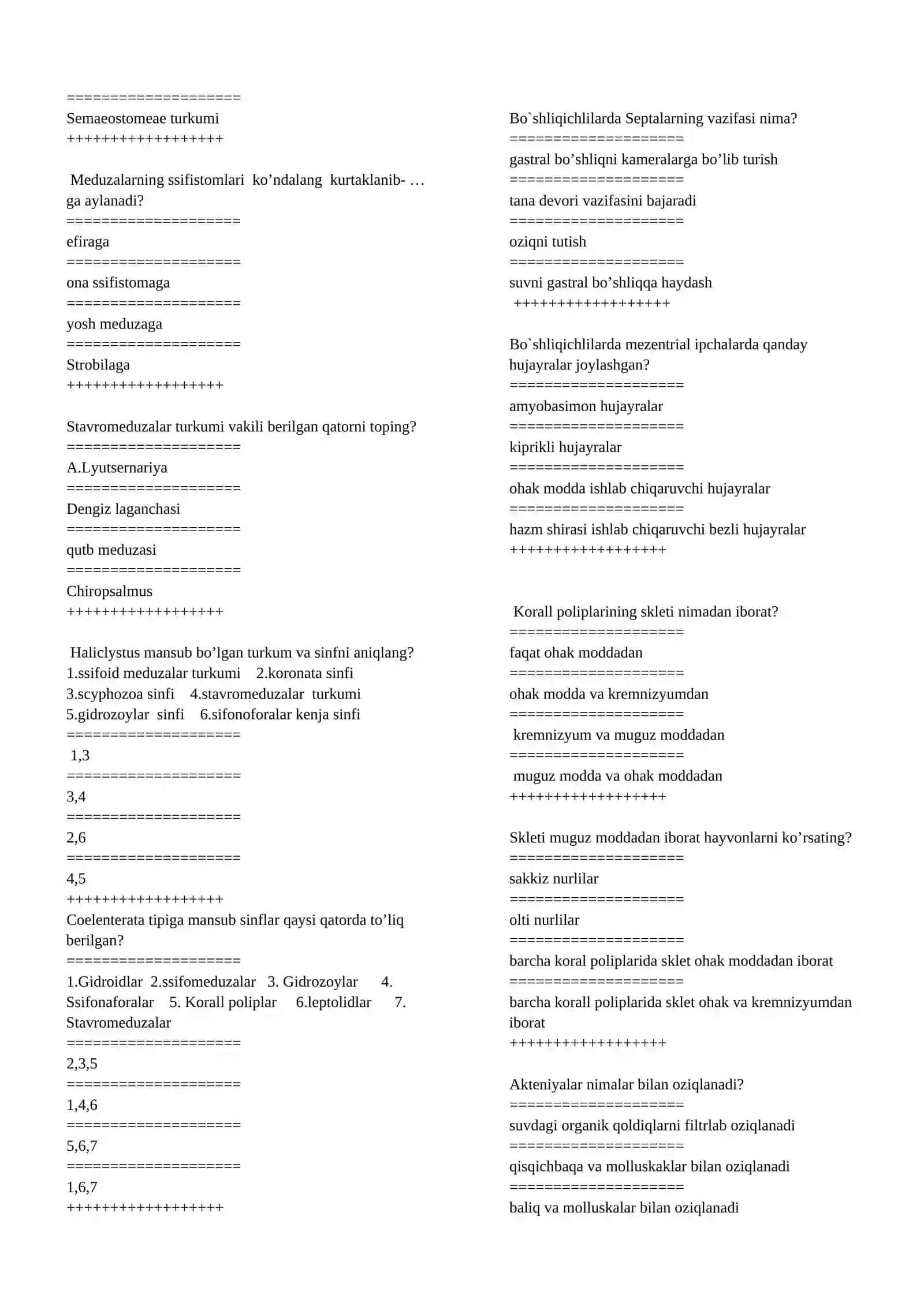 Biologiya ta`lim yo`nalishi 2-kurs kunduzgi guruh talabalarining oraliq nazorat savollari 2