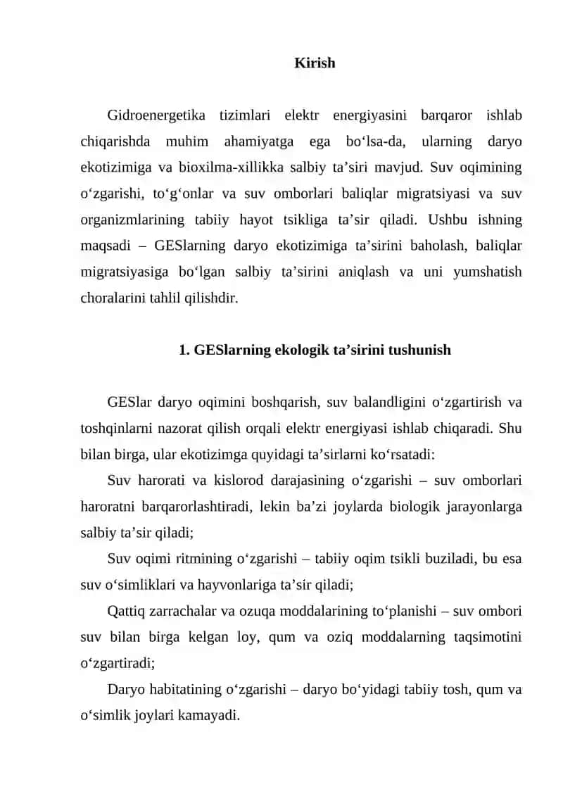 GESLARNING DARYO EKOTIZIMIGA VA BIOXILMA-XILLIKKA (XUSUSAN, BALIQLAR MIGRATSIYASIGA) TA’SIRINI BAHOLASH VA YUMSHATISH CHORALARI 2