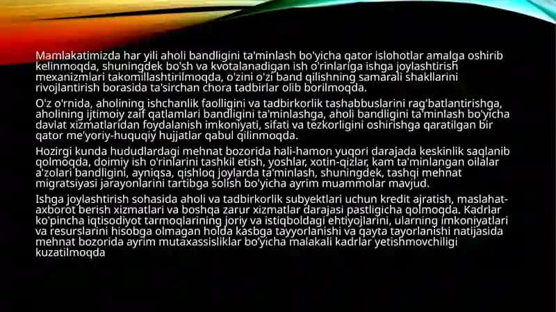 O’zbekiston Respublikasi aholi bandlik darajasi 2