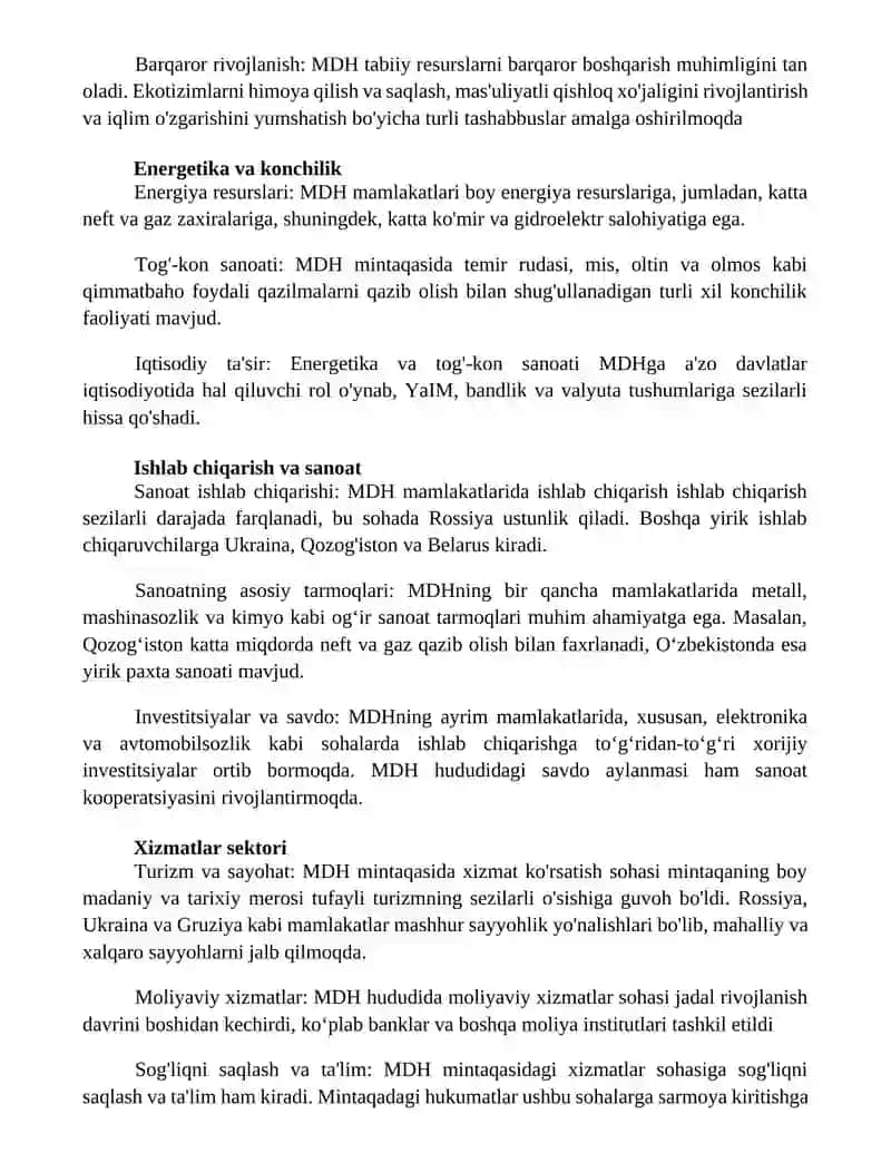 Mustaqil Davlatlar Hamdo'stligi Mamlakatlar Iqtisodiyoti 2