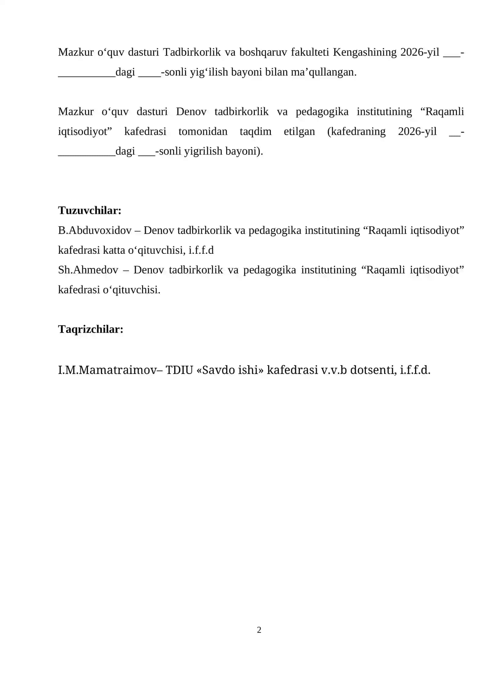 Tadbirkorlik asoslari fanining o'quv dasturi 2