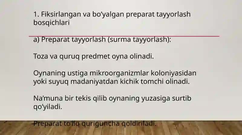 Fiksirlangan, bo’yalgan preparatni  tayyorlash, tayoqchasimon  mikroorganizmlar va ularning morfologiyasi bilan tanishish 2