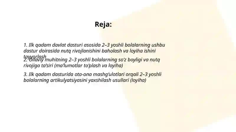 İlk qadam davlat dasturi asosida 2 yoshdan 3 yoshgacha bo‘lgan bolalarning nutqini o‘stirish 2