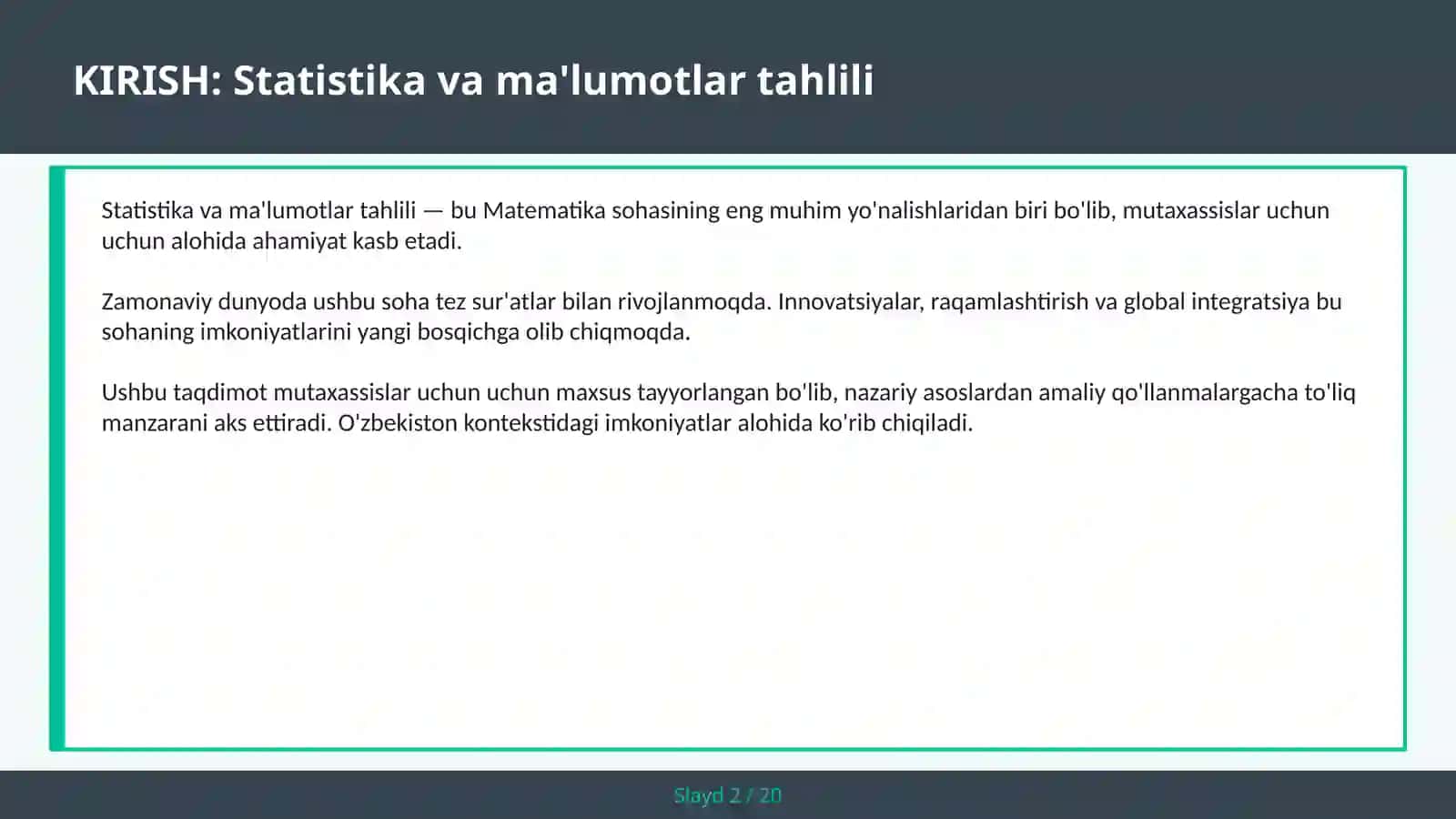 Statistika va ma'lumotlar tahlili 2