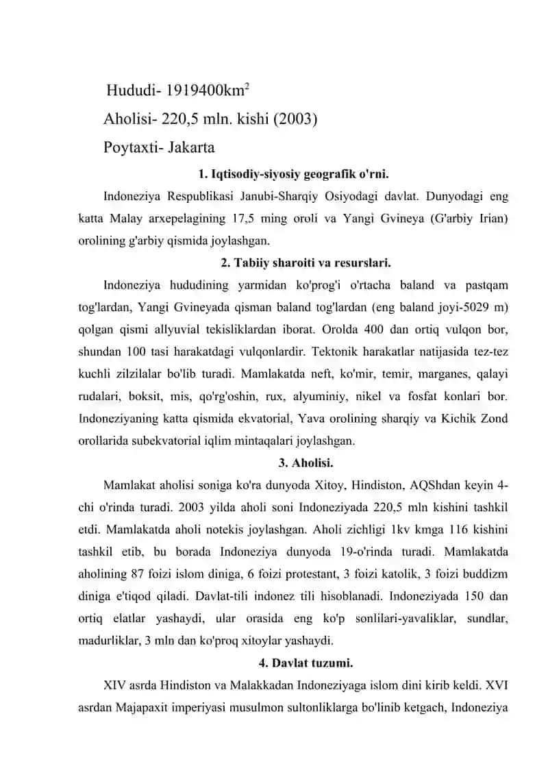 Indoneziyaning iqtisodiy geografik o'rni,tabiiy resurslari,aholisi va xo'jaligi 2