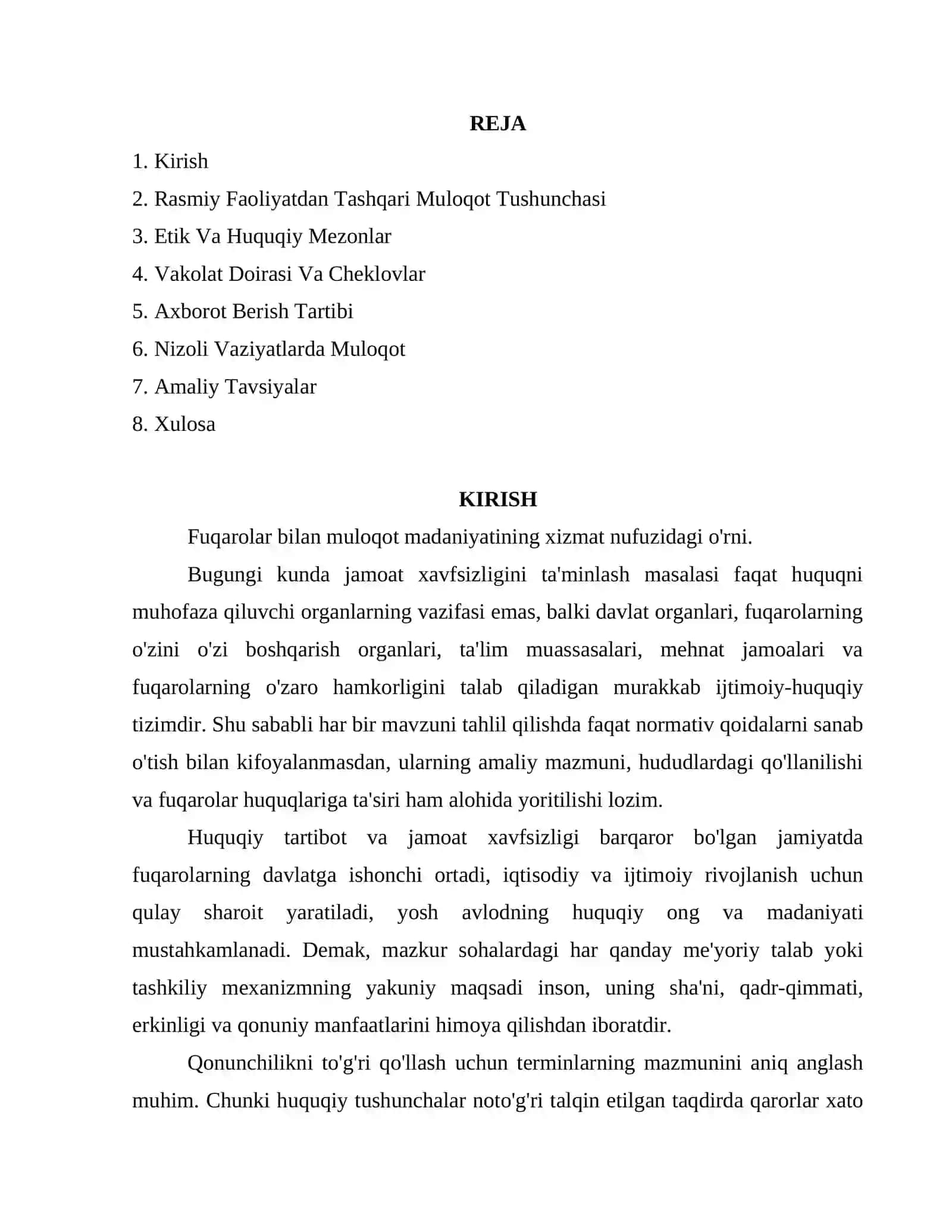 Referat HUQUQNI MUHOFAZA QILISH ORGANLARI IDORASIGA MUROJAAT QILGAN FUQAROLAR BILAN JAMOAT TARTIBINI SAQLASH BO'LINMALARI XODIMLARINING RASMIY FAOLIYATI BILAN BOG'LIQ BO'LMAGAN TURLI UMUMIY MASALALAR BO'YICHA MULOQOT QILISH TARTIB-QOIDALARI 2