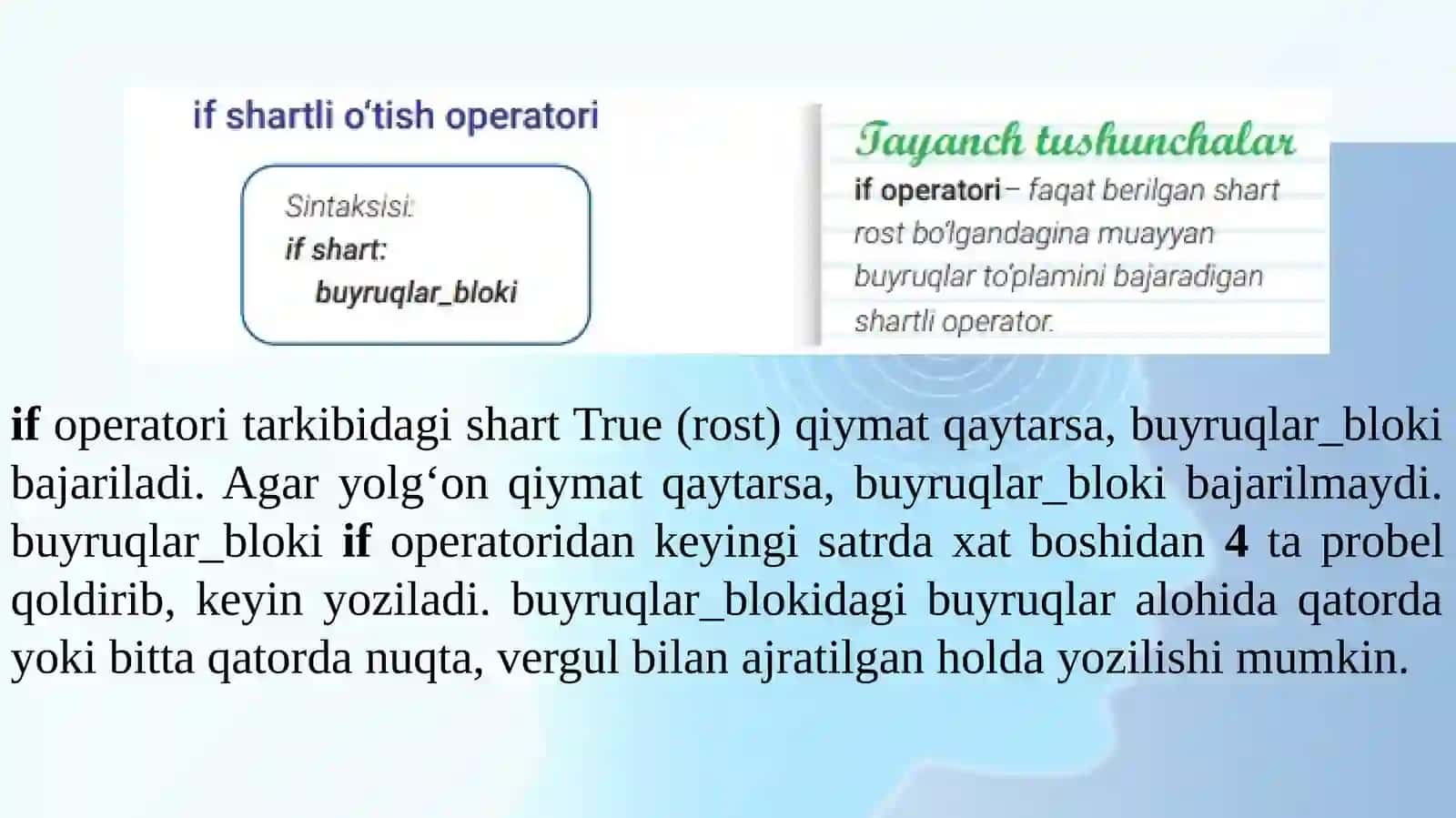 TARMOQLANUVCHIALGORITMLARNI DASTURLASH. IF…ELSE OPERATOR 2