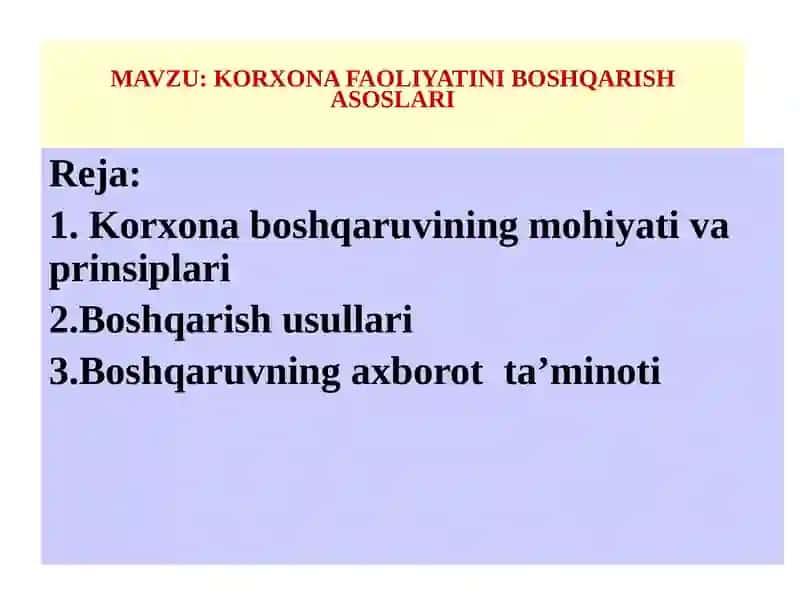 KORXONA FAOLIYATINI BOSHQARISH ASOSLARI 2