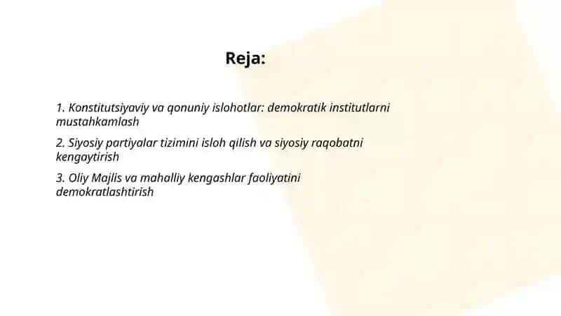 Oʻzbekistonda Demokratik,fuqorolik jamiyati asoslarining shakllanishi amalga oshirilgan siyosiy Islohatlar 2