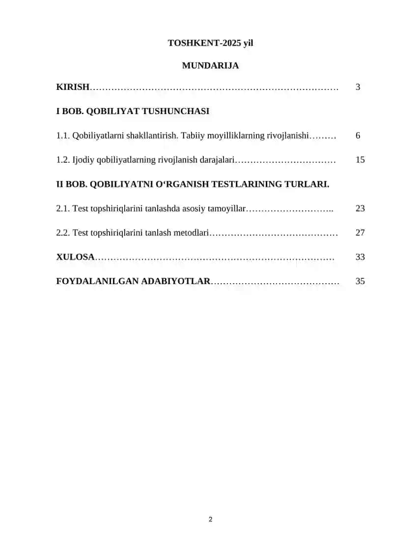 Qobilyatni o'rganish test topshiriqlarinin tanlash 2