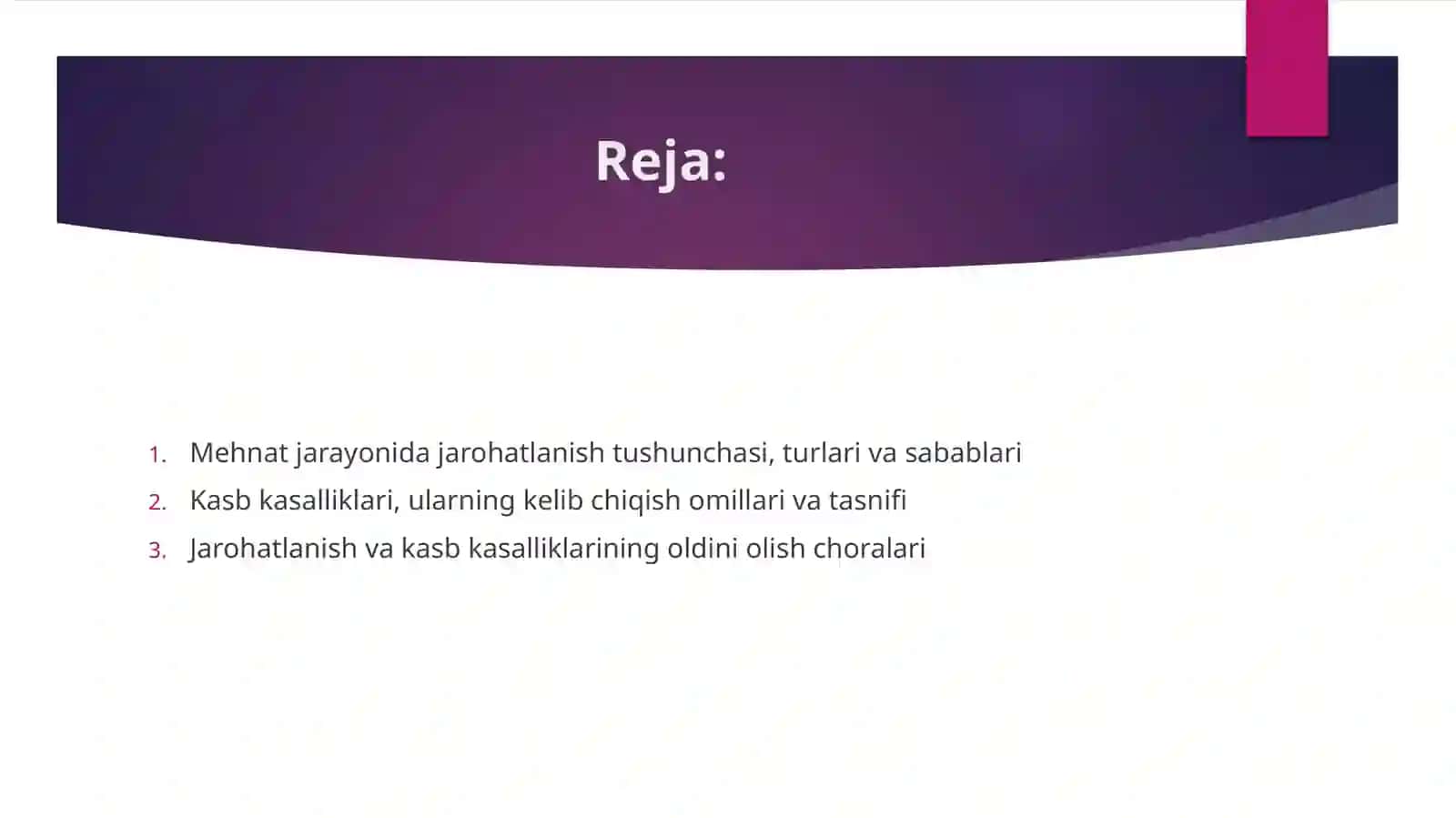 Mehnat jarayonida jarohatlanish va kasb kasalligi sabablarini tahlil qilish 2