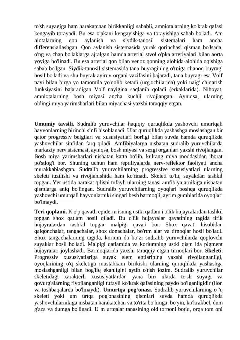 Anamniya va amniotalarning morfologik va fiziologik belgilari. Reptiliyalarning tuzilishi 2