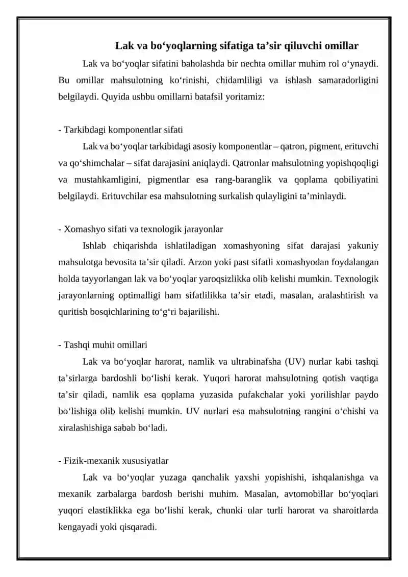 Lak va bo'yoqlarni ishlab chiqarish texnologiyasi 2