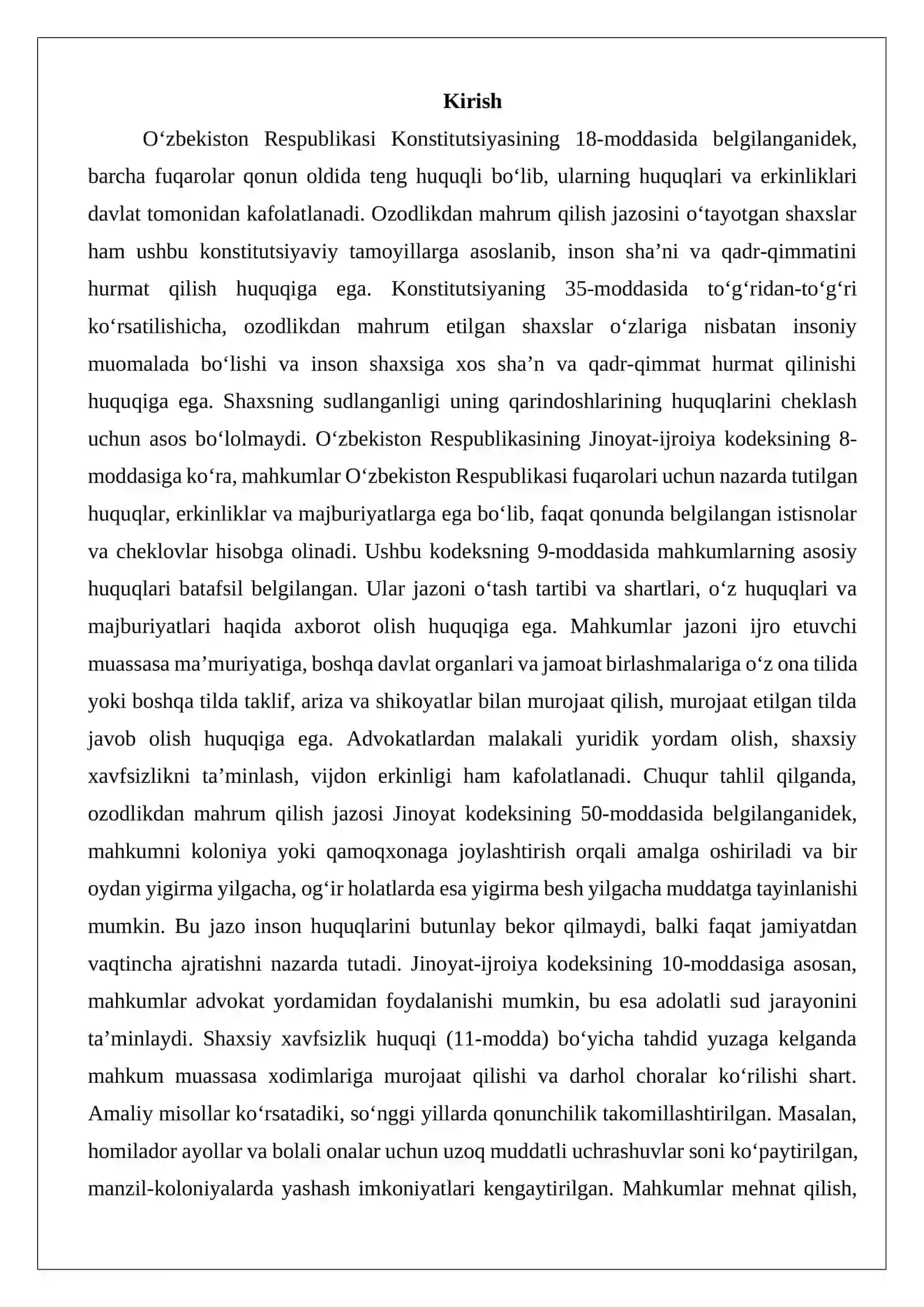 Ozodlikdan mahrum qilish tariqasidagi jazoni o’tayotgan shaxslarning huquqi 2