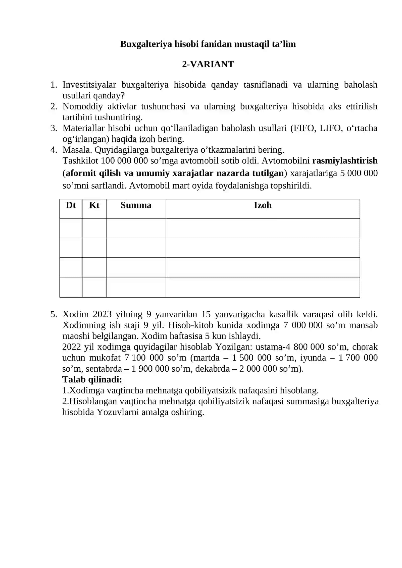Moliya hisob fanidan mustaqil ta’lim 2