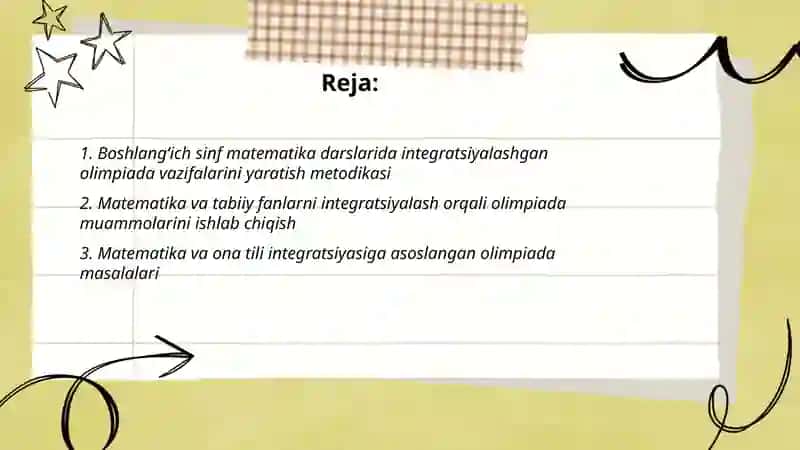 Boshlangʻich sinf matematika darslarida integratsiyalashgan taʼlim. Olimpiada 2