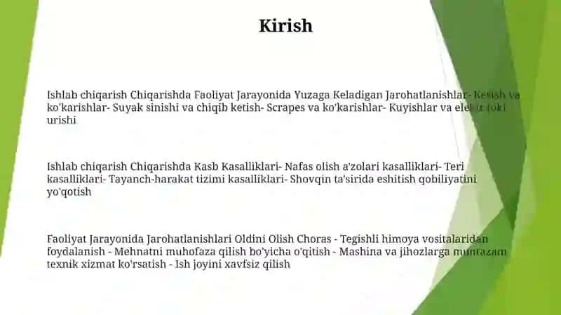 Ishlab Chiqarishda Faoliyat Jarayoni Vaqtida Yuzaga Keladigan Jarohatlanishlar Va Kasb Kasalliklari 2