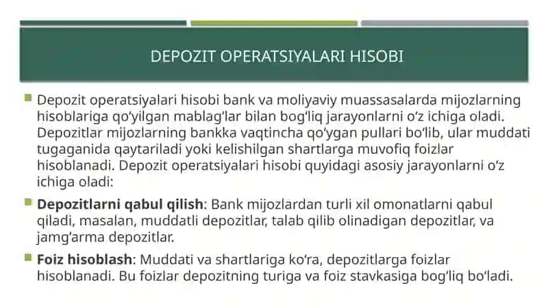 Depozit operatsiyalari hisobi 2