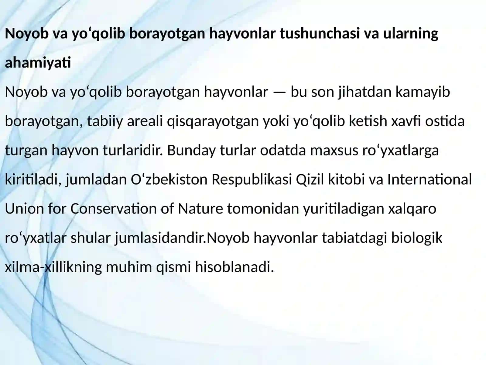Noyob va yo‘qolib borayotgan hayvonlarni asrashga qaratilgan dastur va loyihalar 2