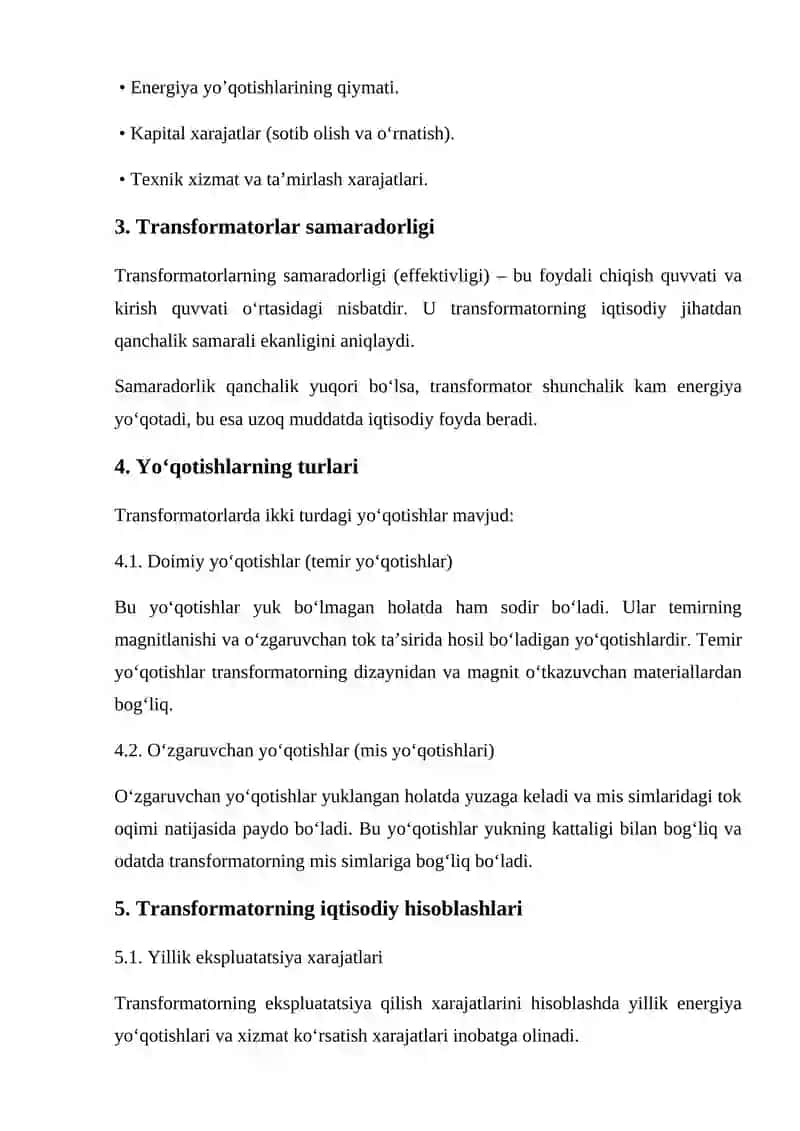 Transformatorlarning iqtisodiy ko‘rsatkichlarini hisoblash 2