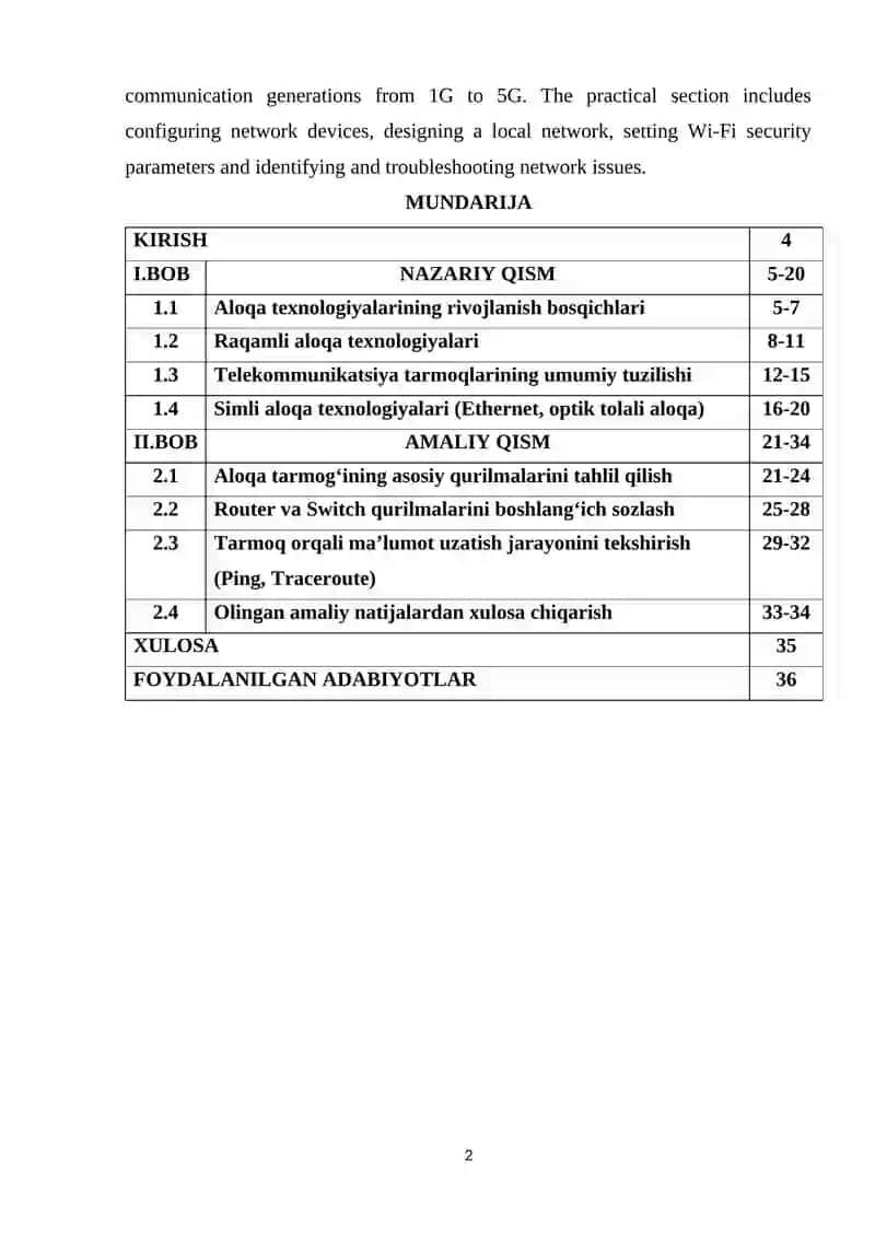 Aloqa texnologiyalari va tarmoqlar 2