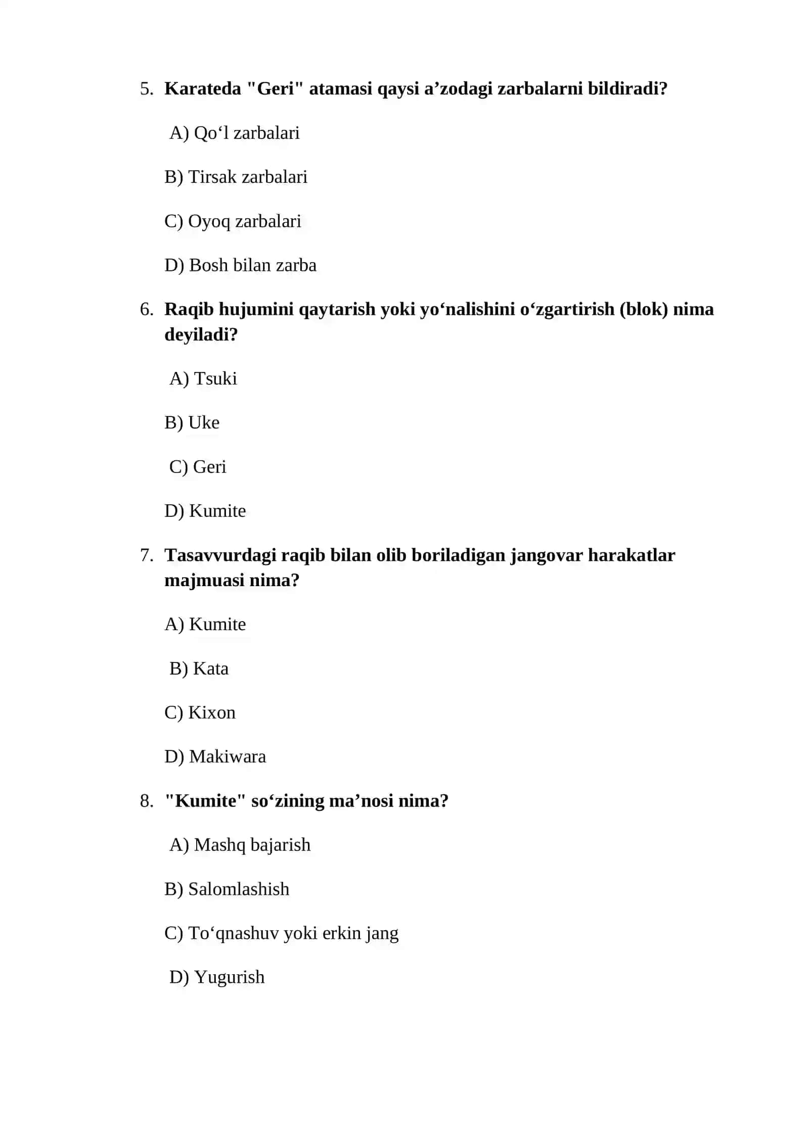 Karatechining tayyorgarligi bo‘yicha testlar 2