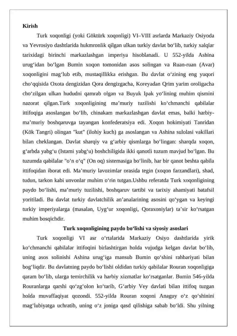 Turk xoqonligi va uning ma’muriy tuzilishi mavzusida referat 2