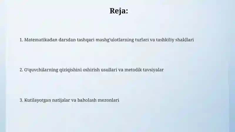 Matematika darslarida darsdan tashqari mashg'ulotlarni tashkil qilish metodikasi 2
