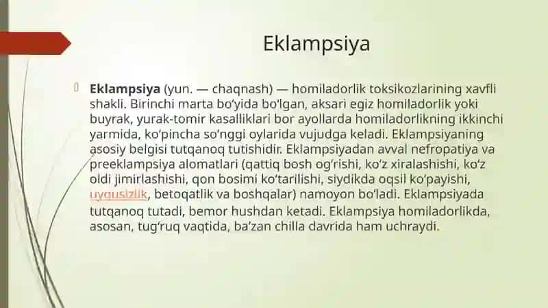 Eklampsik koma. Klinikasi, diagnostikasi, tez tibbiy yordam 2