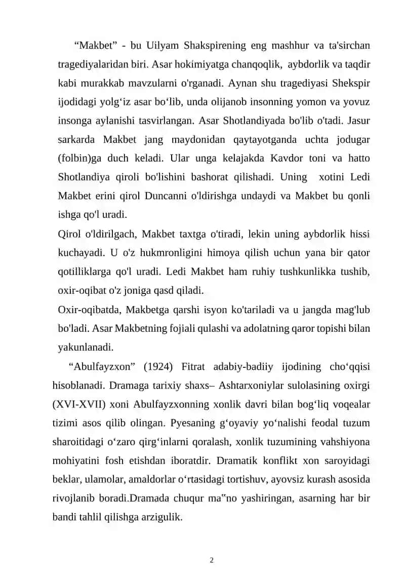 Mavzu: Shekespirning “Makbet” va Fitratning “Abdulfayzxon” drammasining o’xshashlik jihatlari 2