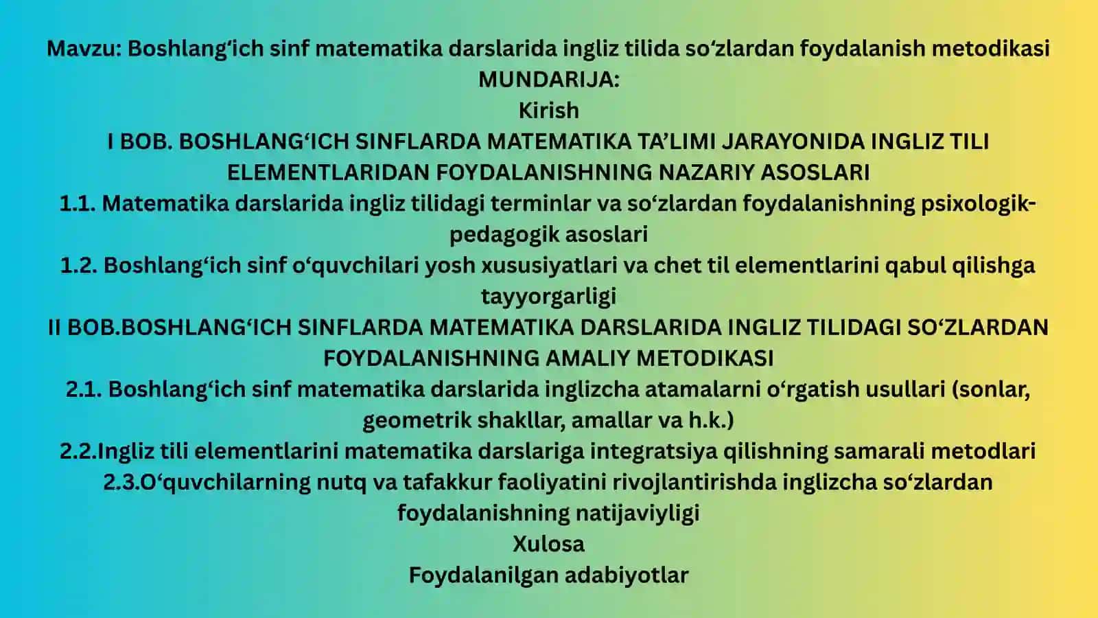 Boshlangʻich sinf matematika darslarida ingliz tilida soʻzlardan foydalanish metodikasi 2