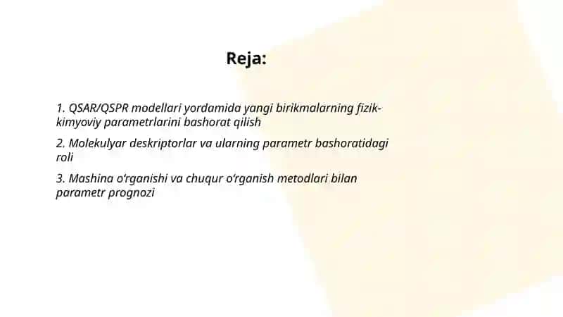 Oʻrganilmagan birikmalarning fizik kimyoviy parametrlarini bashorat qilish 2