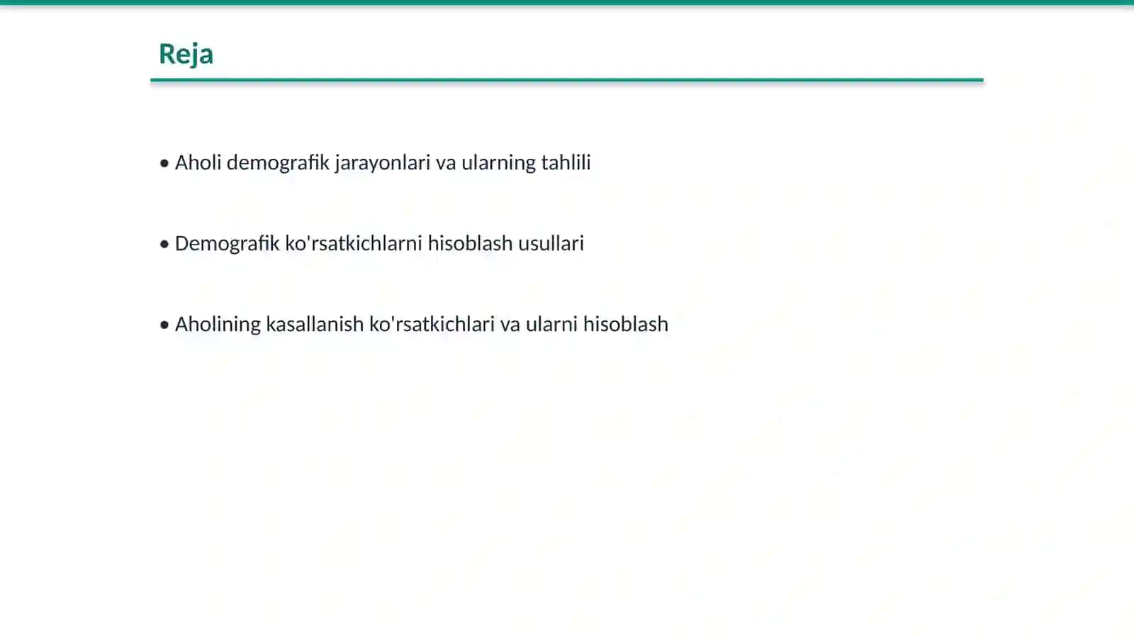 Aholi oʻrtasidagi demografik jarayon va demografik koʻrsatkichlarni hisoblash usullari.Aholing kasallanish koʻrsatkichlari va ularni hisoblash.Xalqaro kasalliklarning tasnifi.Kasalliklar koʻrsatkichini hisoblash va baholash metodikasi 2