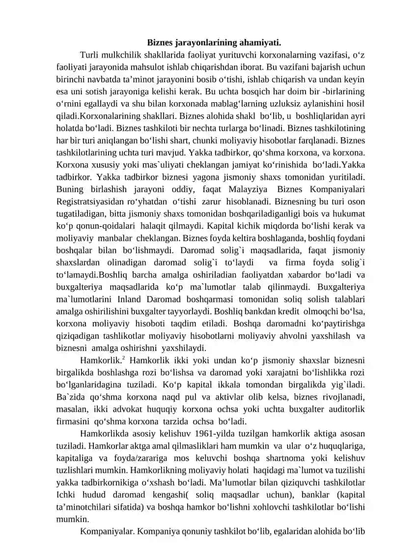 Biznes jarayonlari va ularni hisobga olish Reja 2