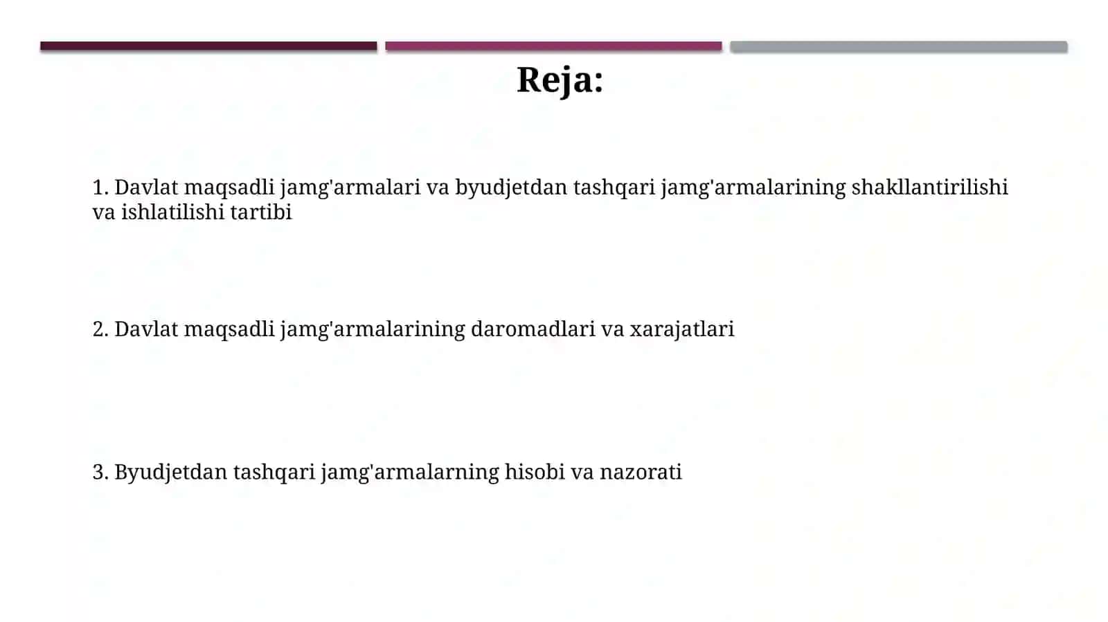 Davlat maqsadli va boshqa budjetdan tashqari jamgarmalari boyicha tartibi 2