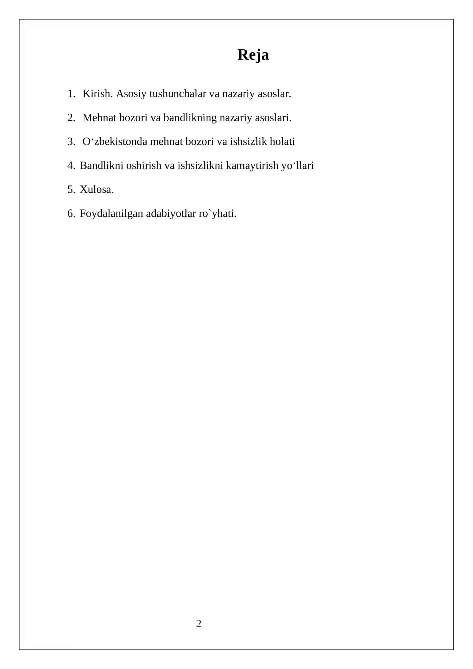 Referat “O‘zbekistonda mehnat bozori, bandlik va ishsizlik muammolari” 2
