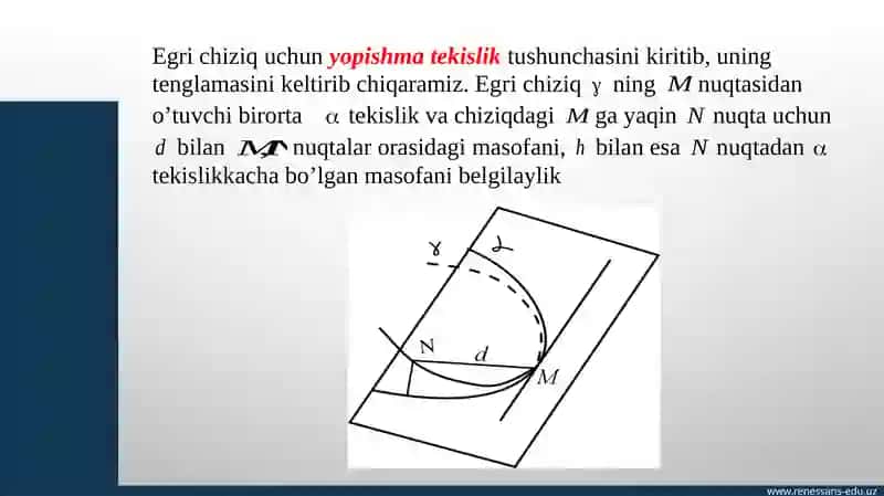 Yopishma tekislik tenglamasi, xossalari. To‘g‘rilovchi tekislik tenglamasi. Bosh normal va binormal tenglamalari 2