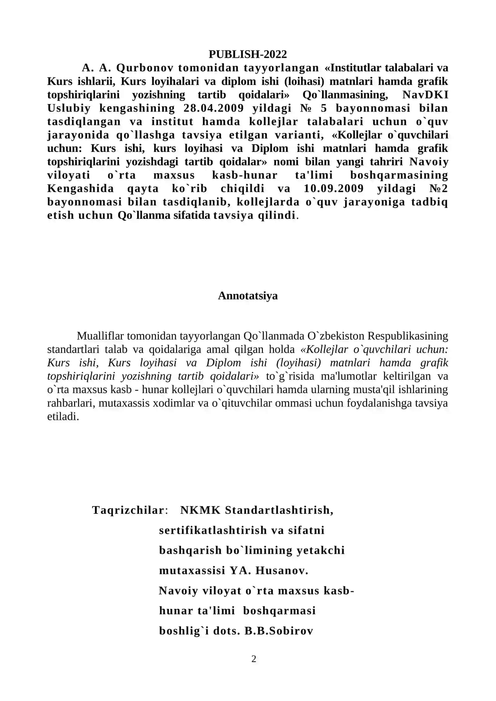 Kurs ishi, Kurs loyihasi va Diplom (loyihasi) ishi matnlari hamda grafik topshiriqlarini yozishning tartib qoidalari 2