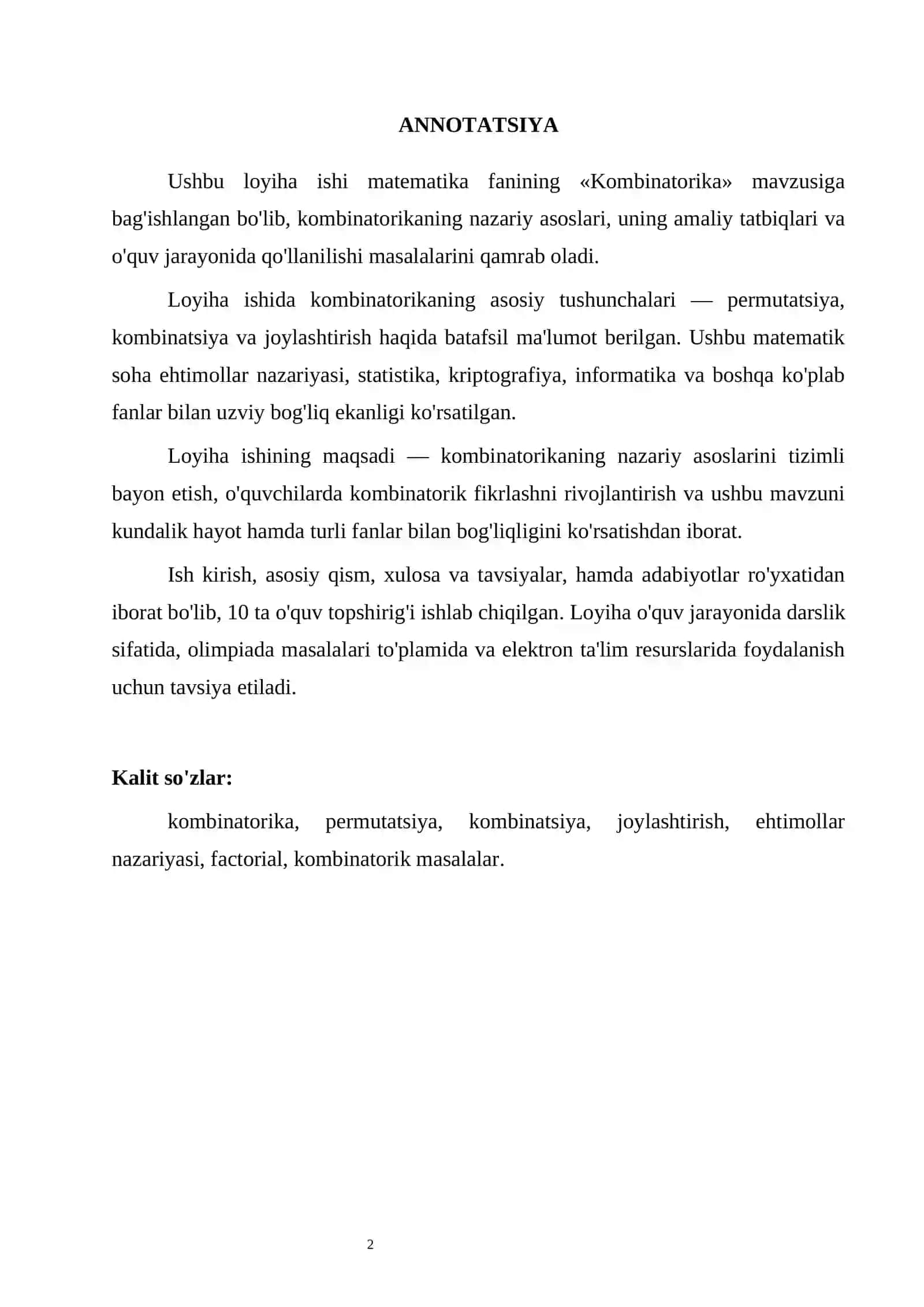 Kombinatorika Loyiha Ishi 2