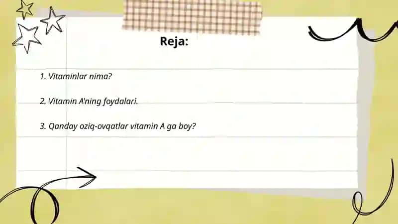 Vitaminlar A B1 B6 B12 maktabgacha tayyorlov guruhi uchun 2