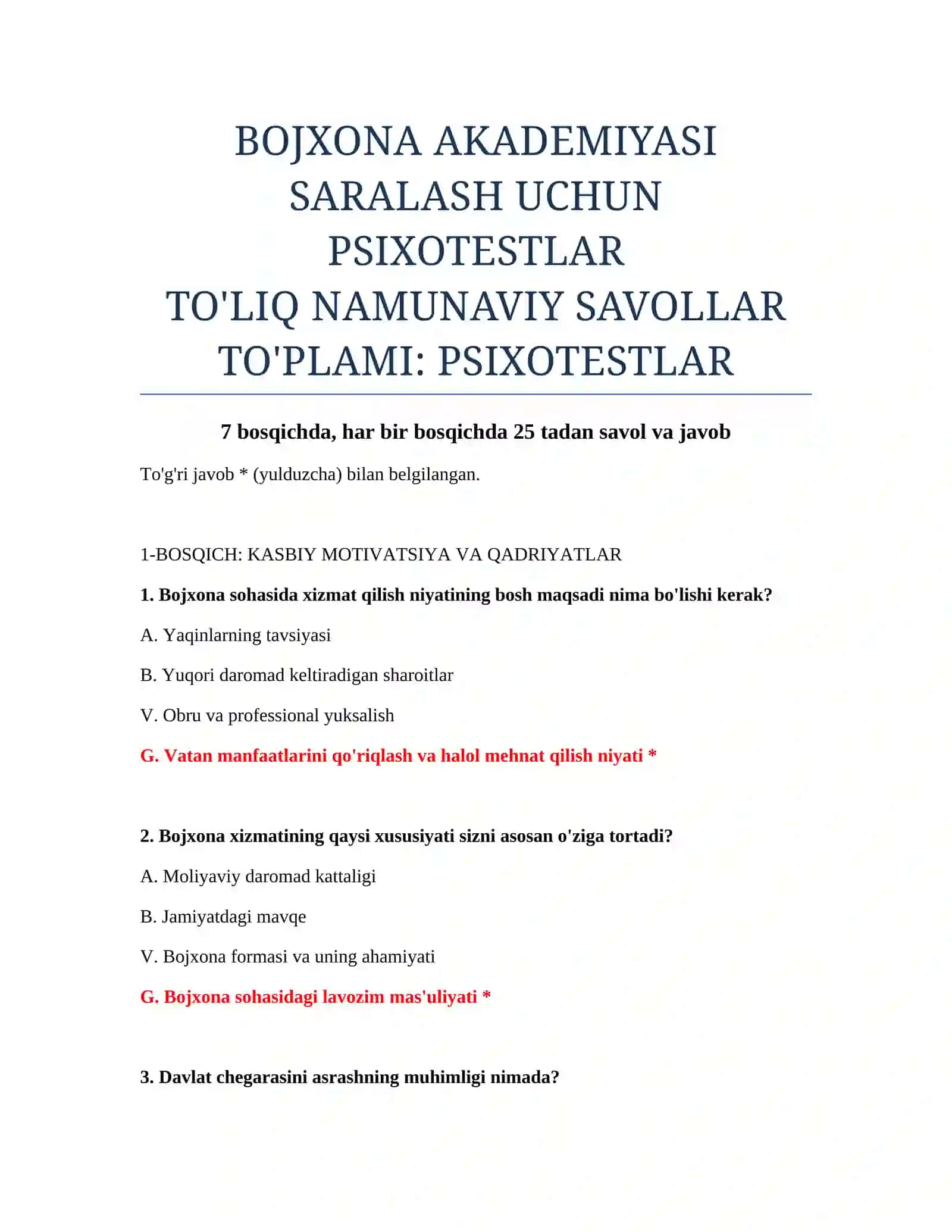 Bojxona Akademiyasi Saralash Uchun Psixotestlar 2
