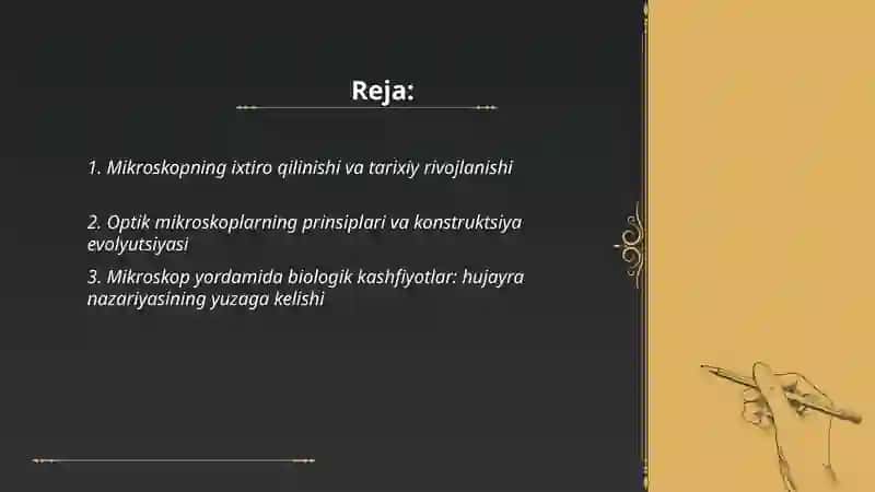 Mikroskopning ixtiro qilinish va biologik taraqqiyotlarda qoʻllanilishi.Elaktron mikrjskopiya,gistokimyo mikrotexnikaning yaratilishi,mikroskoplarni mukammallashtirish natijalari 2