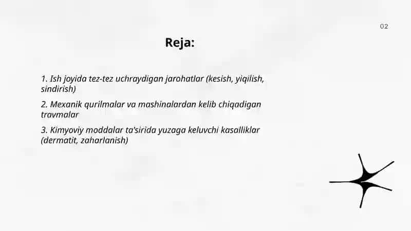 Ishlab chiqarishdagi jarohatlanishlar va kasalliklar 2