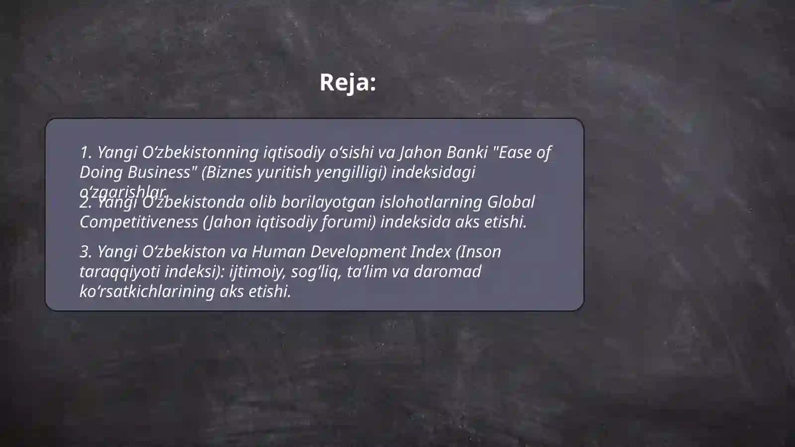 Yangi O‘zbekiston ijtimoiy-siyosiy, iqtisodiy va madaniy hayotida roʻy berayotgan oʻzgarishlarning xalqaro reyting va indekslarda aks etishi 2