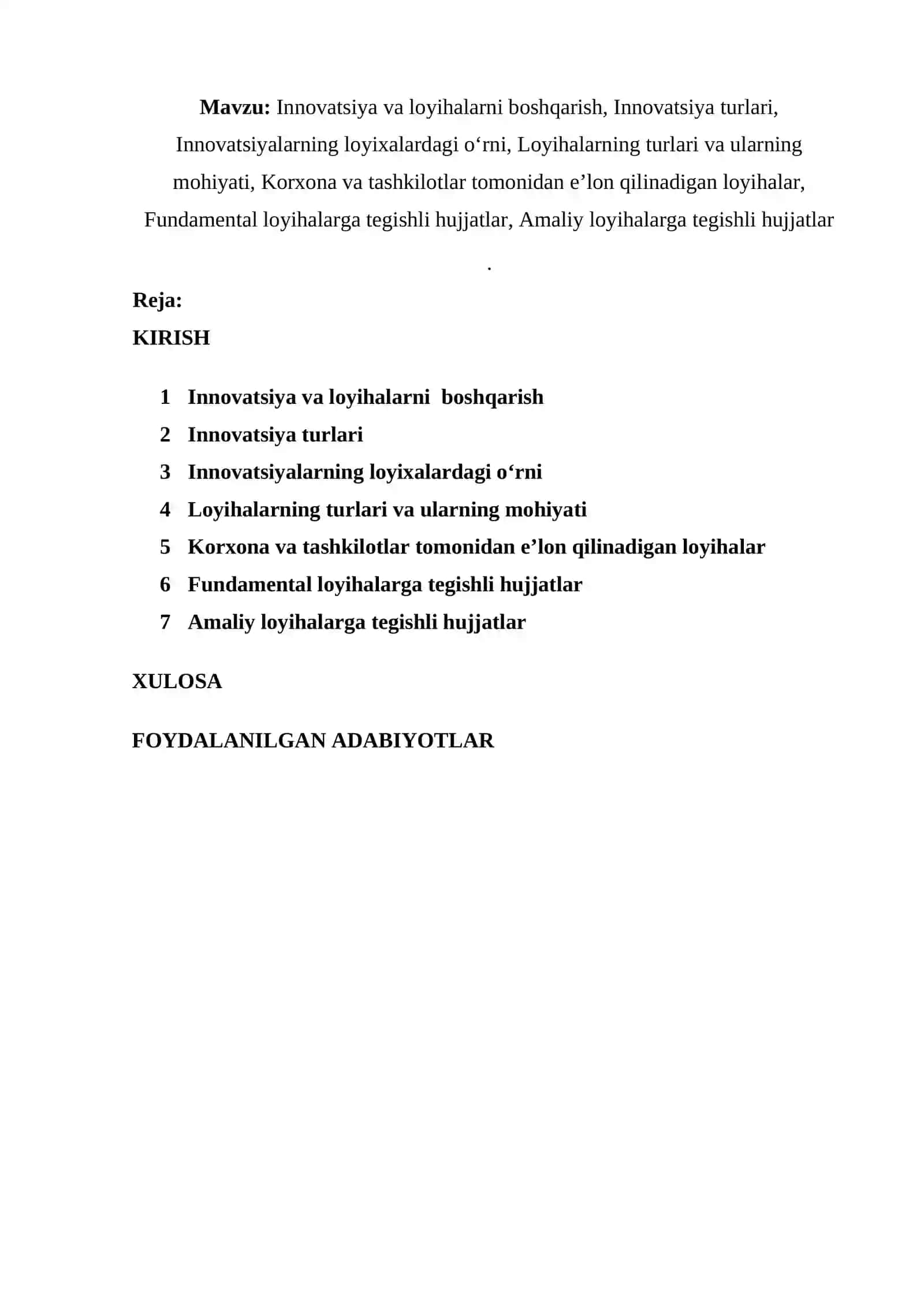 Innovatsiya va loyihalarni boshqarish 2