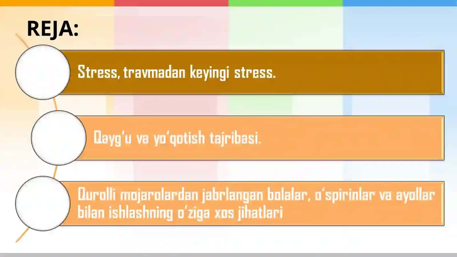 Stress, travmadan keyingi stress. Qayg‘u va yo‘qotish tajribasi. Qurolli mojarolardan jabrlangan bolalar, o‘spirinlar va ayollar bilan ishlashning o‘ziga xos jihatlari 2